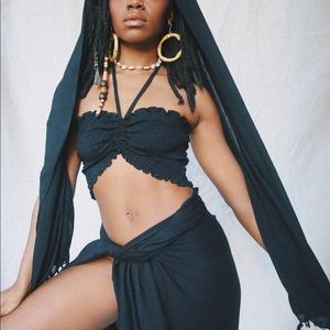 Beach Outfit Sarong Coverup Tube Top Set Headwrap Black Summer Boho Bohemian